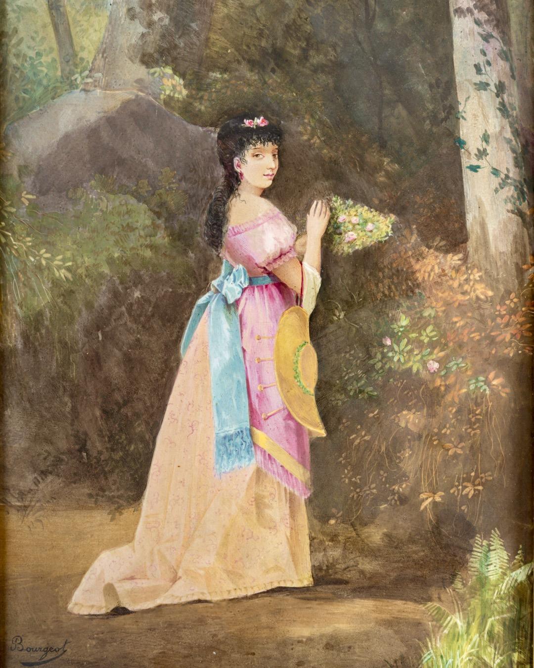 Paire de plaques en porcelaine peinte à la main du 19e siècle en pendentif
Portraits en pied de jeunes femmes en costumes d'époque dans les bois
Toutes deux signées en bas à gauche Bourgeot
Période Napoléon III
Circa 1900

Avec leurs cadres