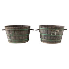 19th Century French Pair of Oakwood Grape Harvest Bucket Vert from Burgundy