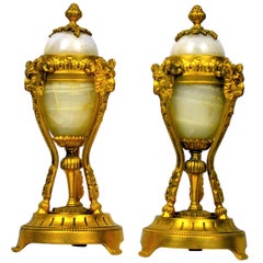 19th Century French Pair of Ormolu and Onyx Candlesticks with Finial Tops