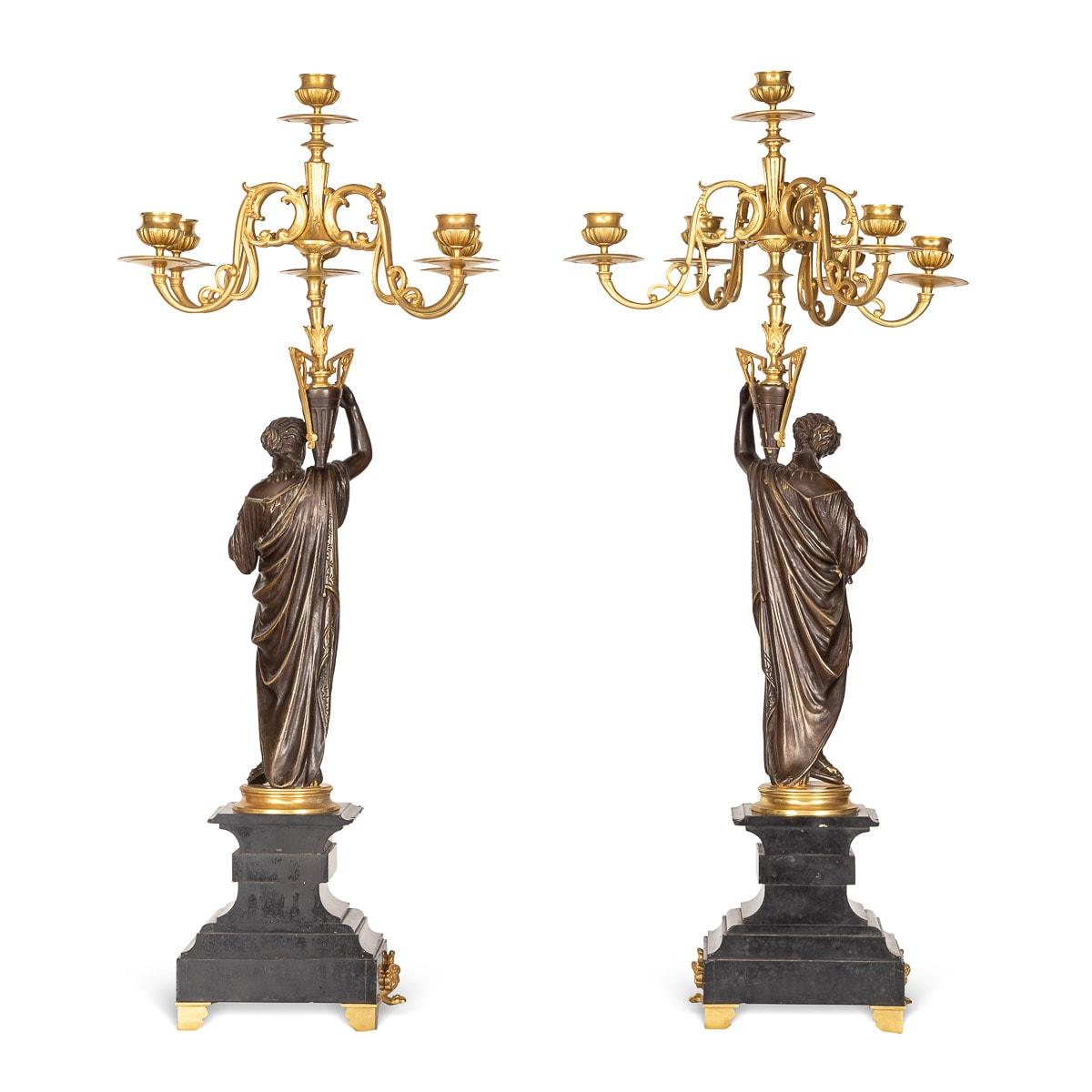 19th Century French Pair of Ormolu Bronze Candelabra on Black Marble C.1870 For Sale 1