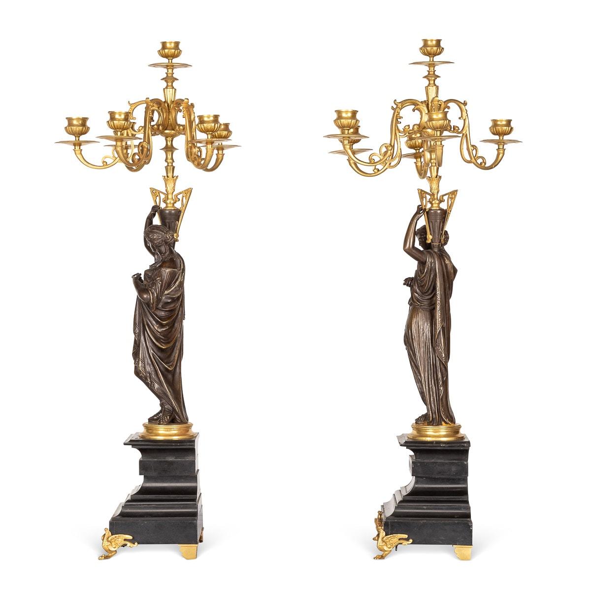 19th Century French Pair of Ormolu Bronze Candelabra on Black Marble C.1870 For Sale 2