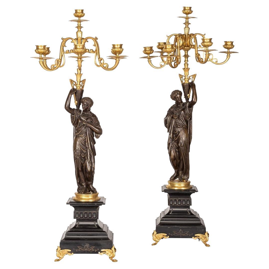 19th Century French Pair of Ormolu Bronze Candelabra on Black Marble C.1870 For Sale