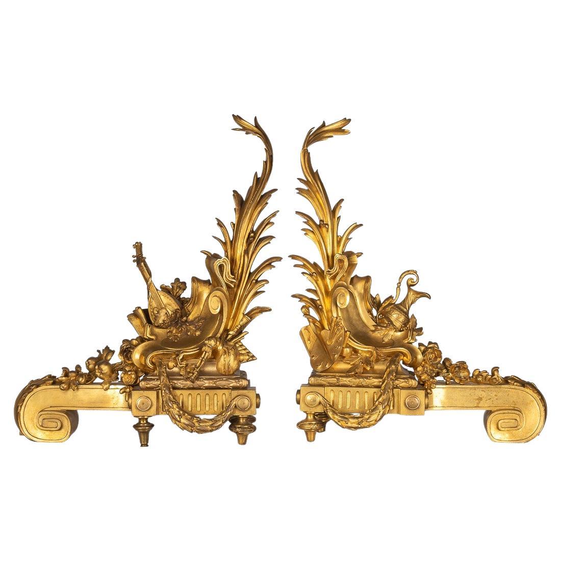 19th Century French Pair Of Ormolu Bronze Fireplace Chenets, c.1840 For Sale