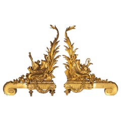 Antique 19th Century French Pair Of Ormolu Bronze Fireplace Chenets, c.1840