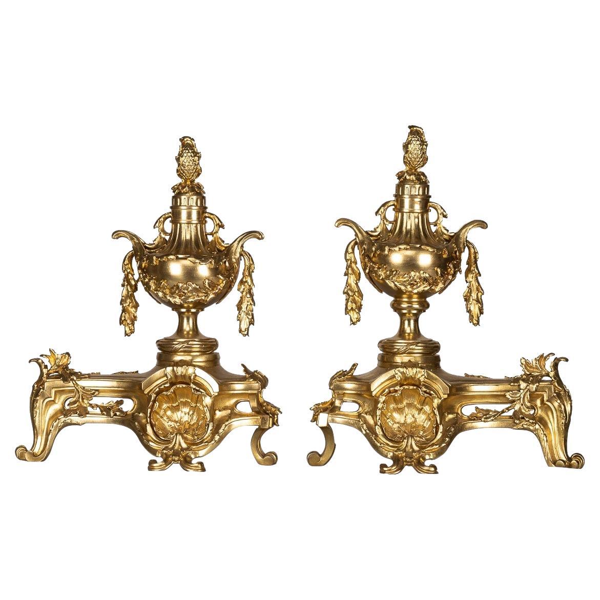 19th Century French Pair of Ormolu Bronze Fireplace Chenets, C.1840 For Sale