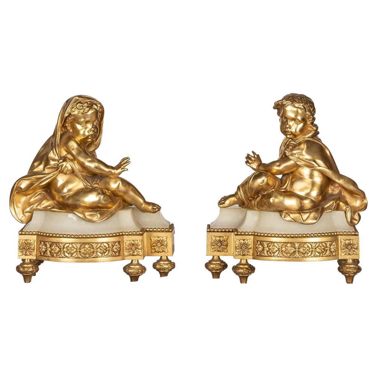 19th Century French Pair of Ormolu Bronze Fireplace Chenets, circa 1850 For Sale