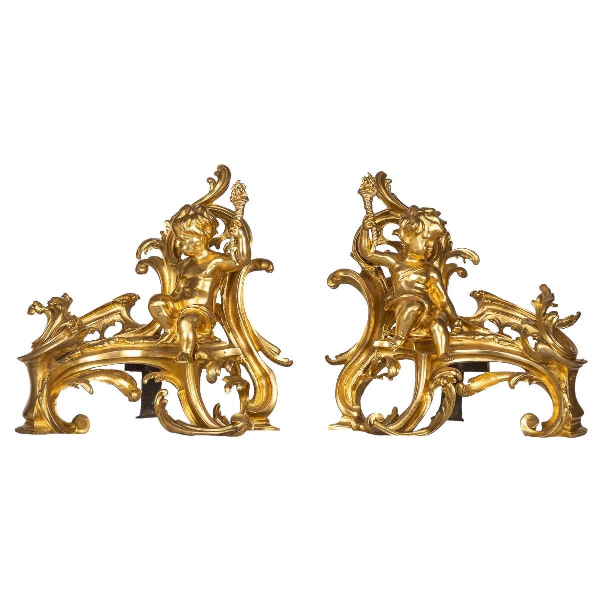 19th Century French Pair of Ormolu Bronze Fireplace Chenets, C.1850 For Sale