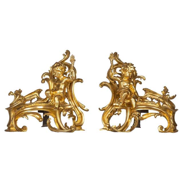 French Rococo Style House Pair of French Brass Firedogs and Wrought Iron Fireplace Grate, 20th ...