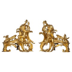 Antique 19th Century French Pair of Ormolu Bronze Fireplace Chenets, C.1850