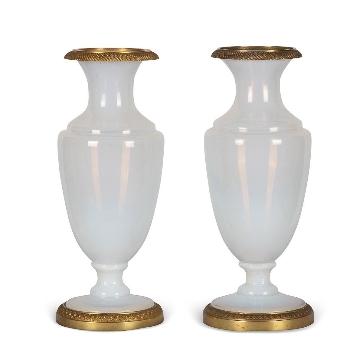 Opaline Glass 19th Century French Pair of Ormolu Mounted Opaline Vases, C.1820