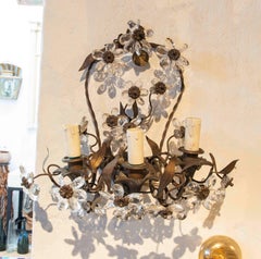 19th Century French Pair of Sconces in Bronze, Metal and Crystal Flowers