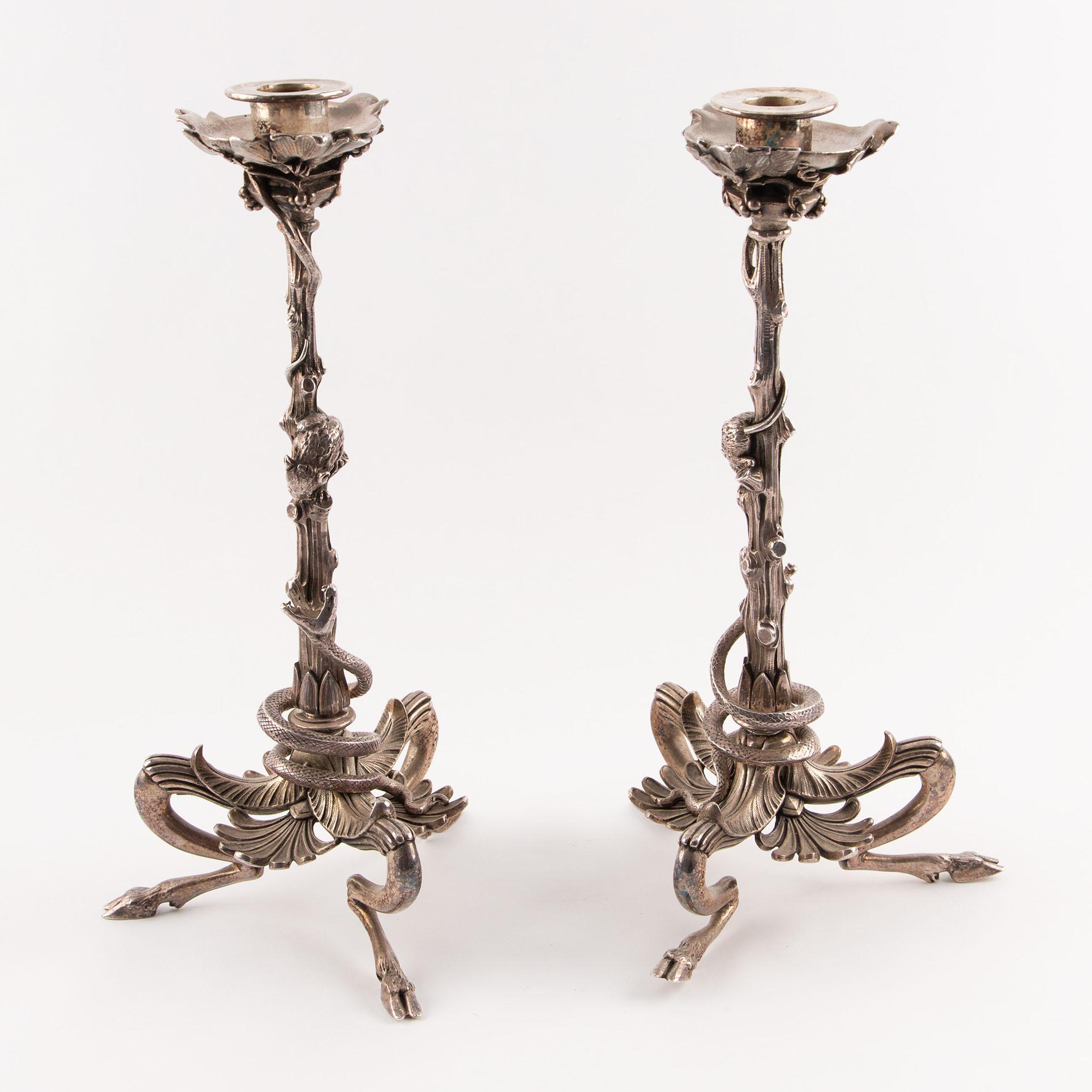 Henri Picard (active c. 1840-1890) & Victor Paillard Foundry — Pair of Silver-Plated Bronze Serpentine Candlesticks, French Second Empire, ca. 1860
Finely cast and silver-plated bronze candlesticks, each modeled as a sinuous snake coiling up a