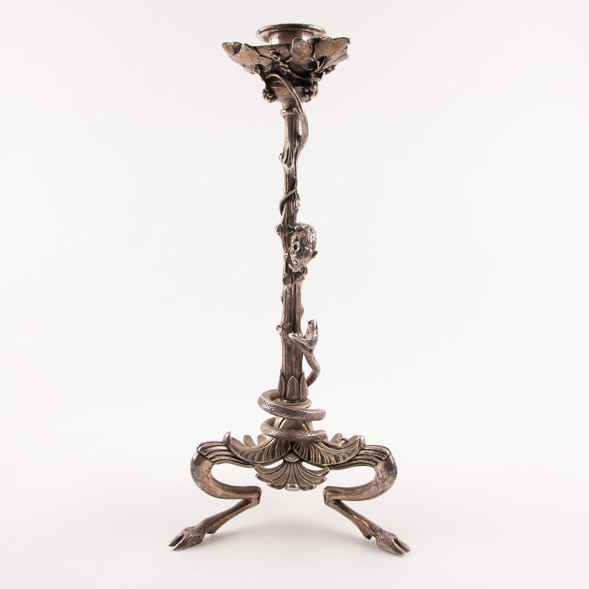 19th Century French Pair of Silver Plated Bronze Candlesticks For Sale 3