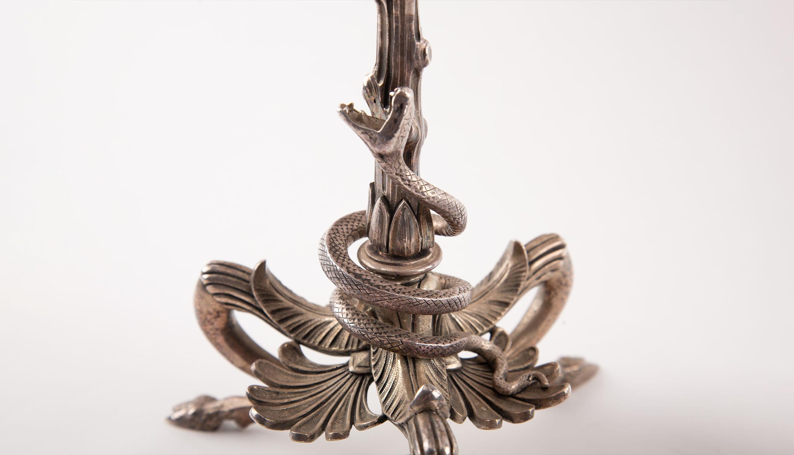 19th Century French Pair of Silver Plated Bronze Candlesticks For Sale 4