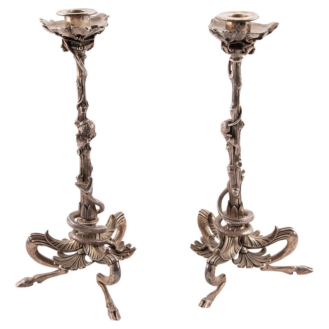 19th Century French Pair of Silver Plated Bronze Candlesticks For Sale