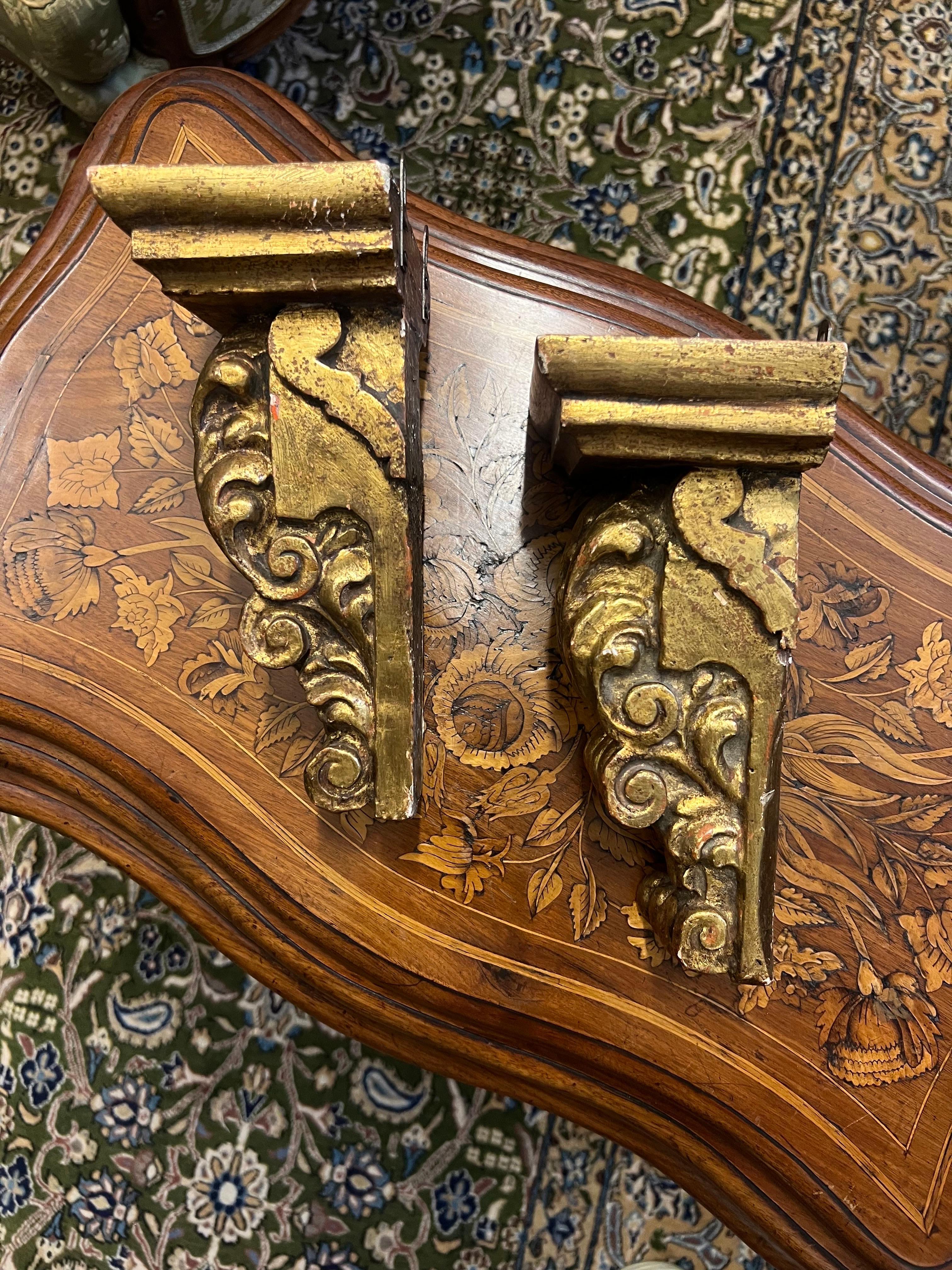 Hand-Carved 19th Century French Pair of Small Gilt Wood Hand Carved Consoles in Rococo Style For Sale