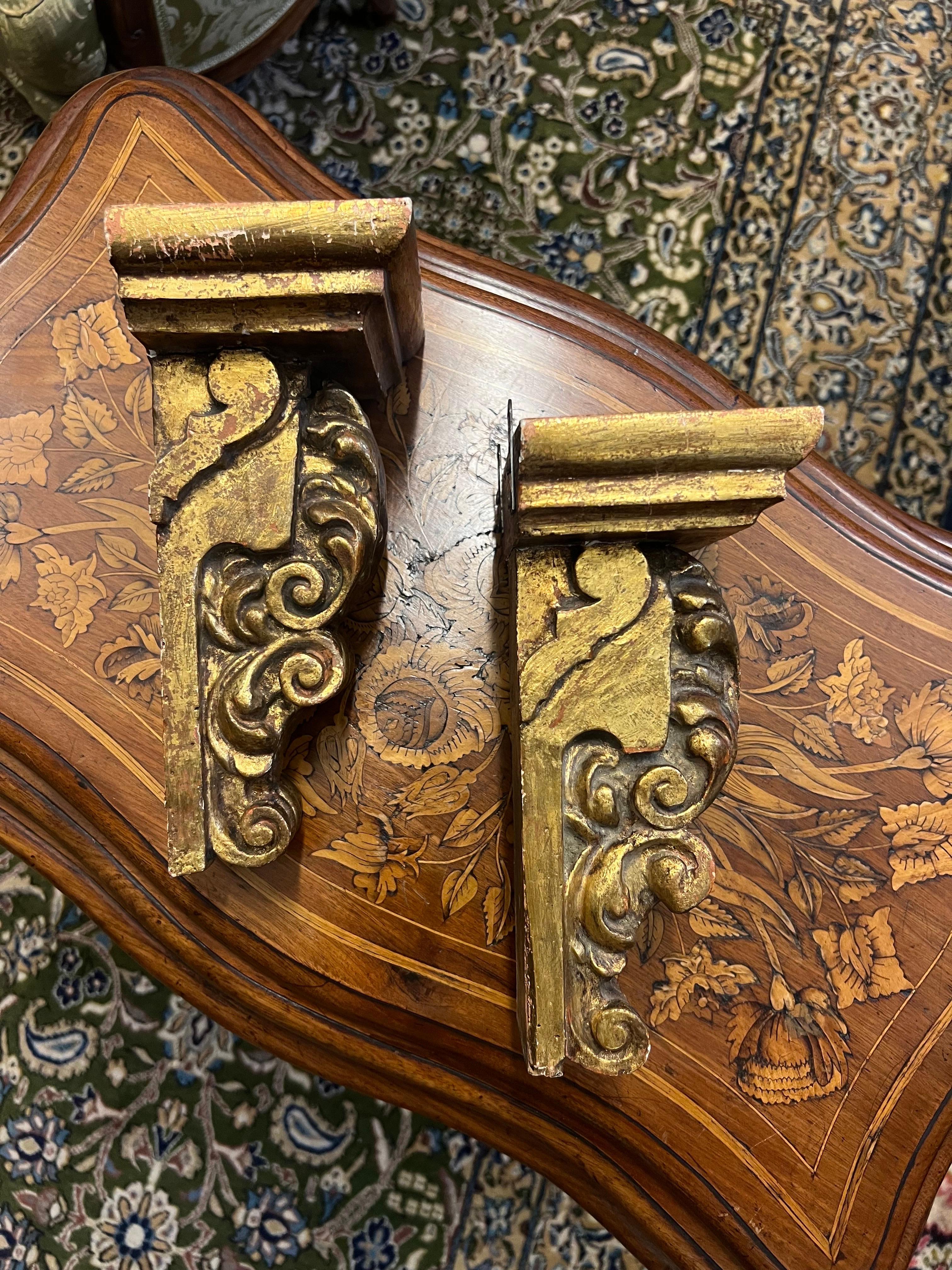 Giltwood 19th Century French Pair of Small Gilt Wood Hand Carved Consoles in Rococo Style For Sale
