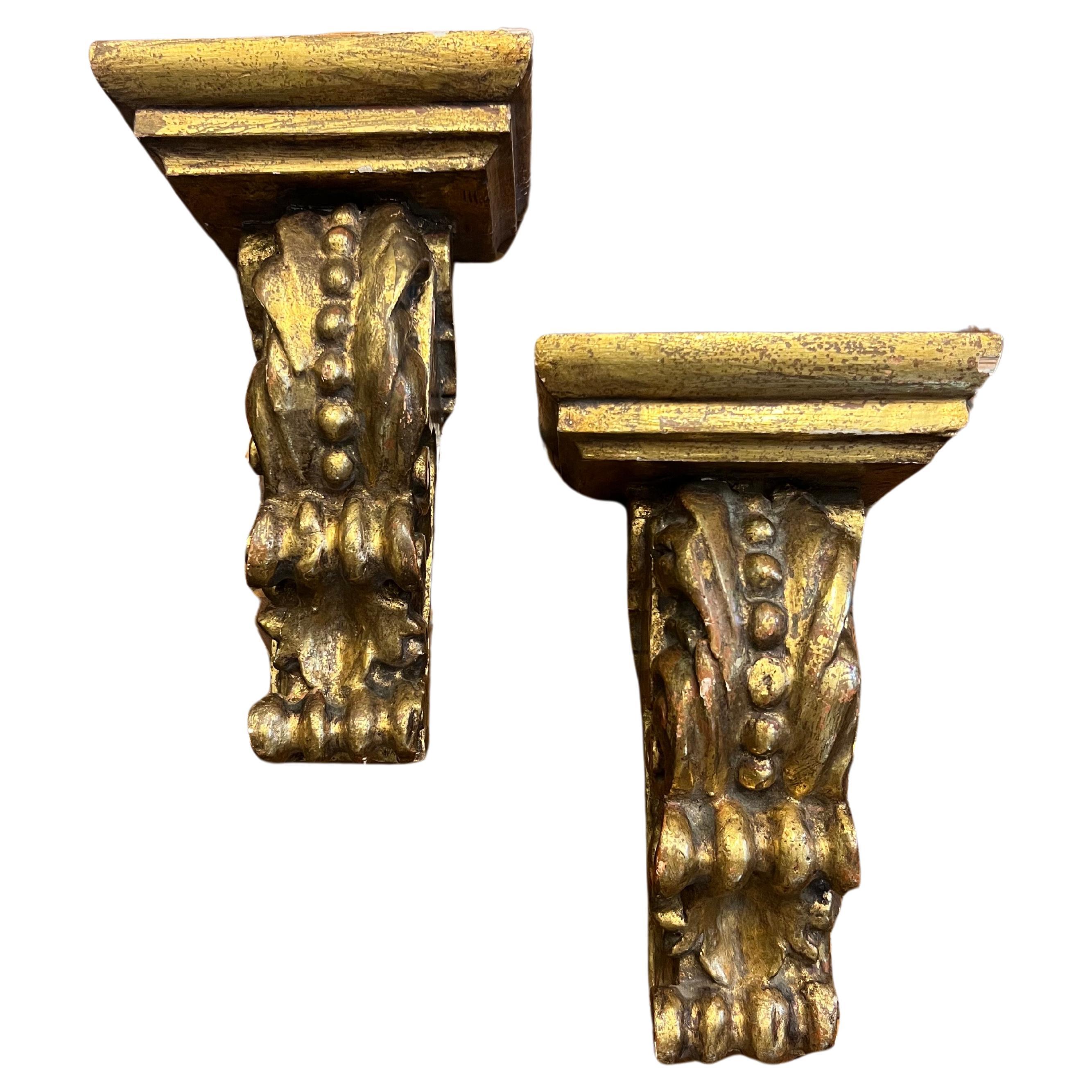 19th Century French Pair of Small Gilt Wood Hand Carved Consoles in Rococo Style
