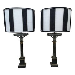 Antique 19th Century French Pair of Table Lamps with Lampshades, 1890s