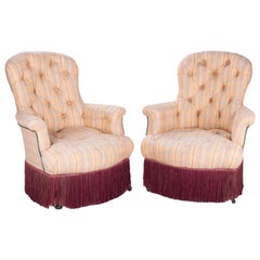 Vintage 19th Century French Pair of Upholstered Buttoned Armchairs
