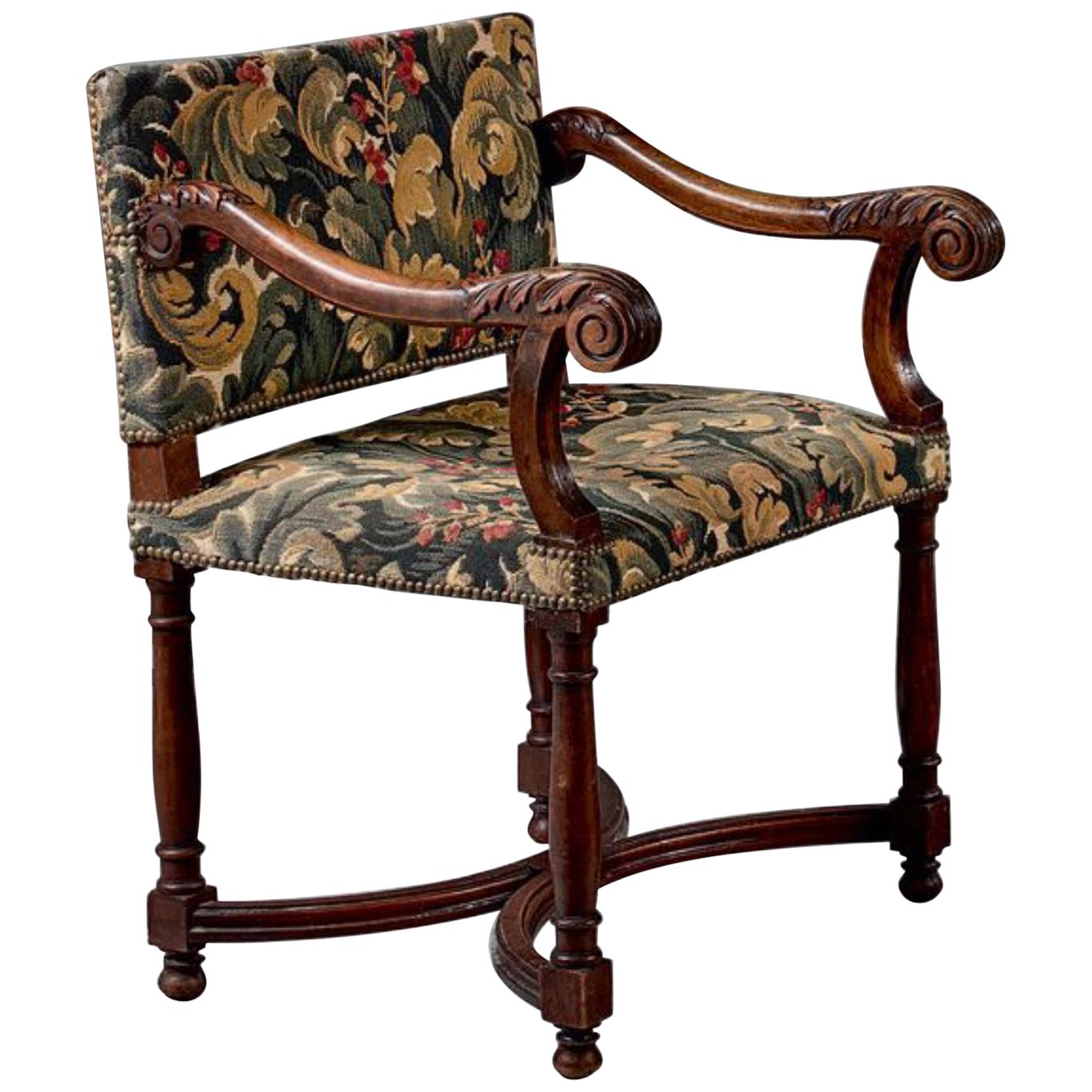 19th Century French Pair of Walnut Hand Carved Low Back Armchairs