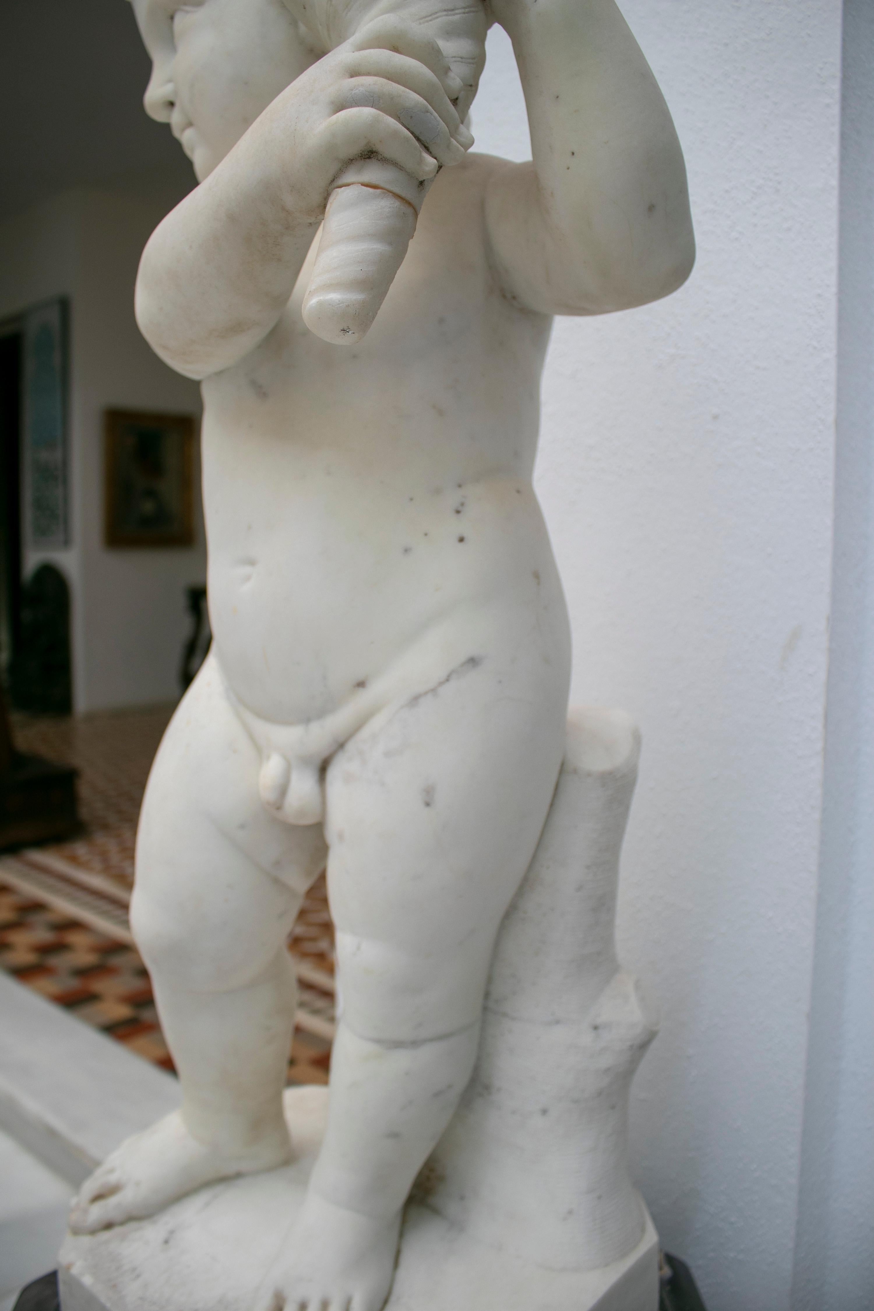19th Century French Pair of White Carrara Marble Child Sculptures For Sale 8