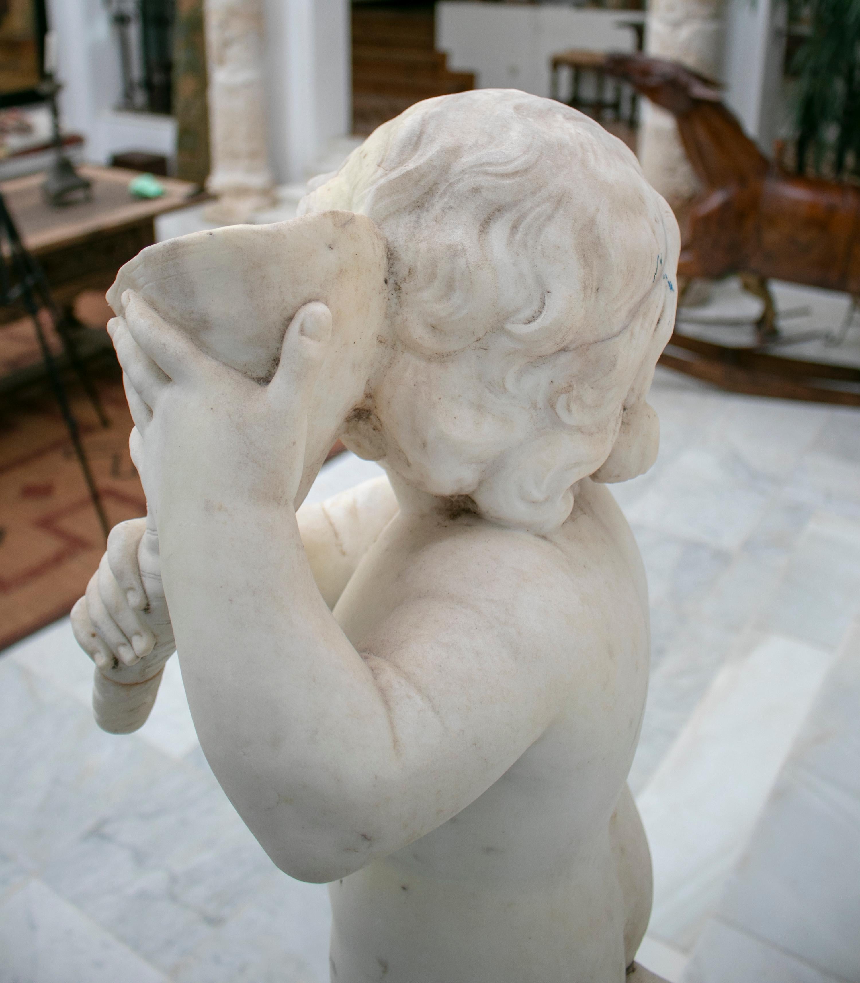 19th Century French Pair of White Carrara Marble Child Sculptures For Sale 9