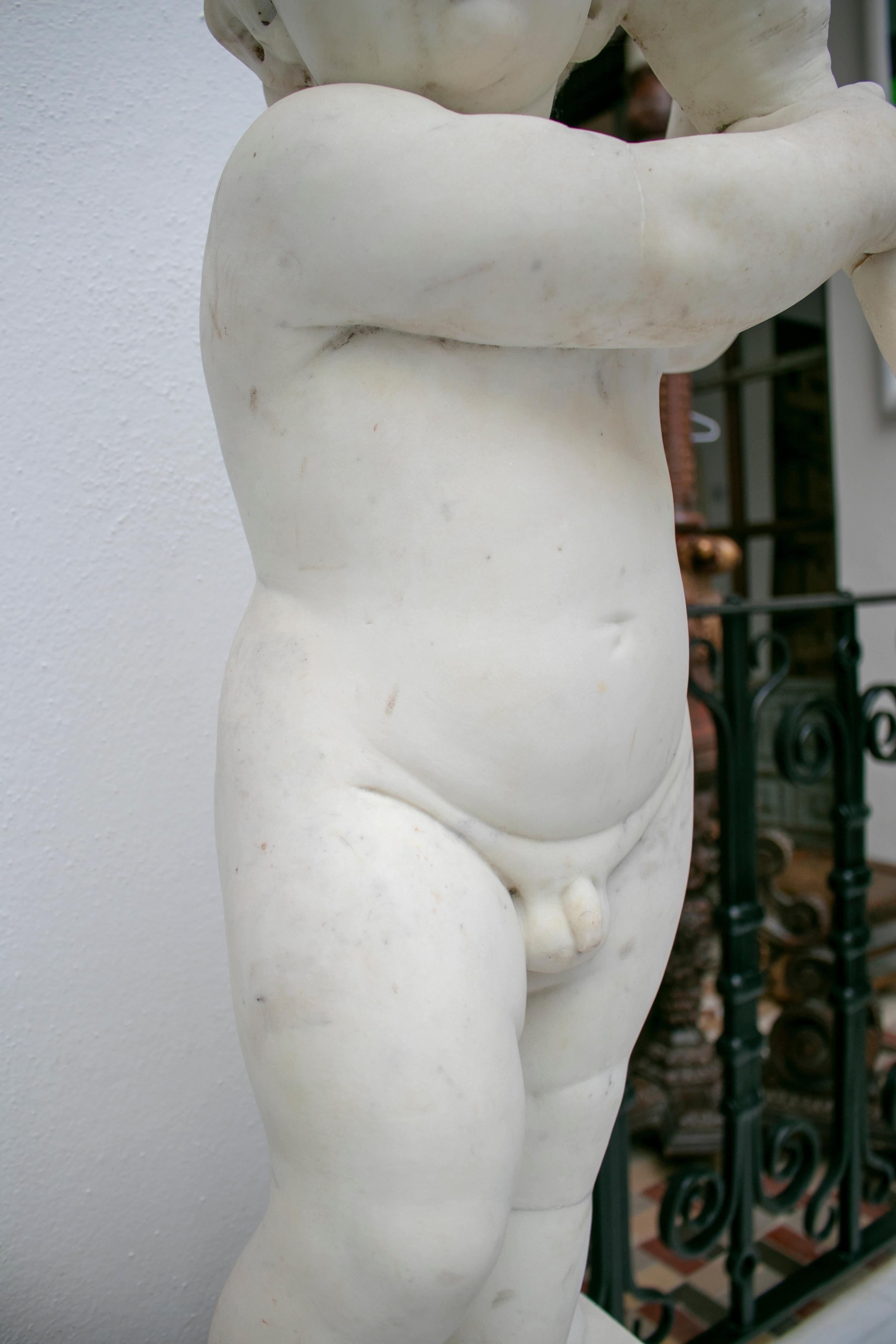 19th Century French Pair of White Carrara Marble Child Sculptures For Sale 15