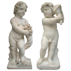19th Century French Pair of White Carrara Marble Child Sculptures