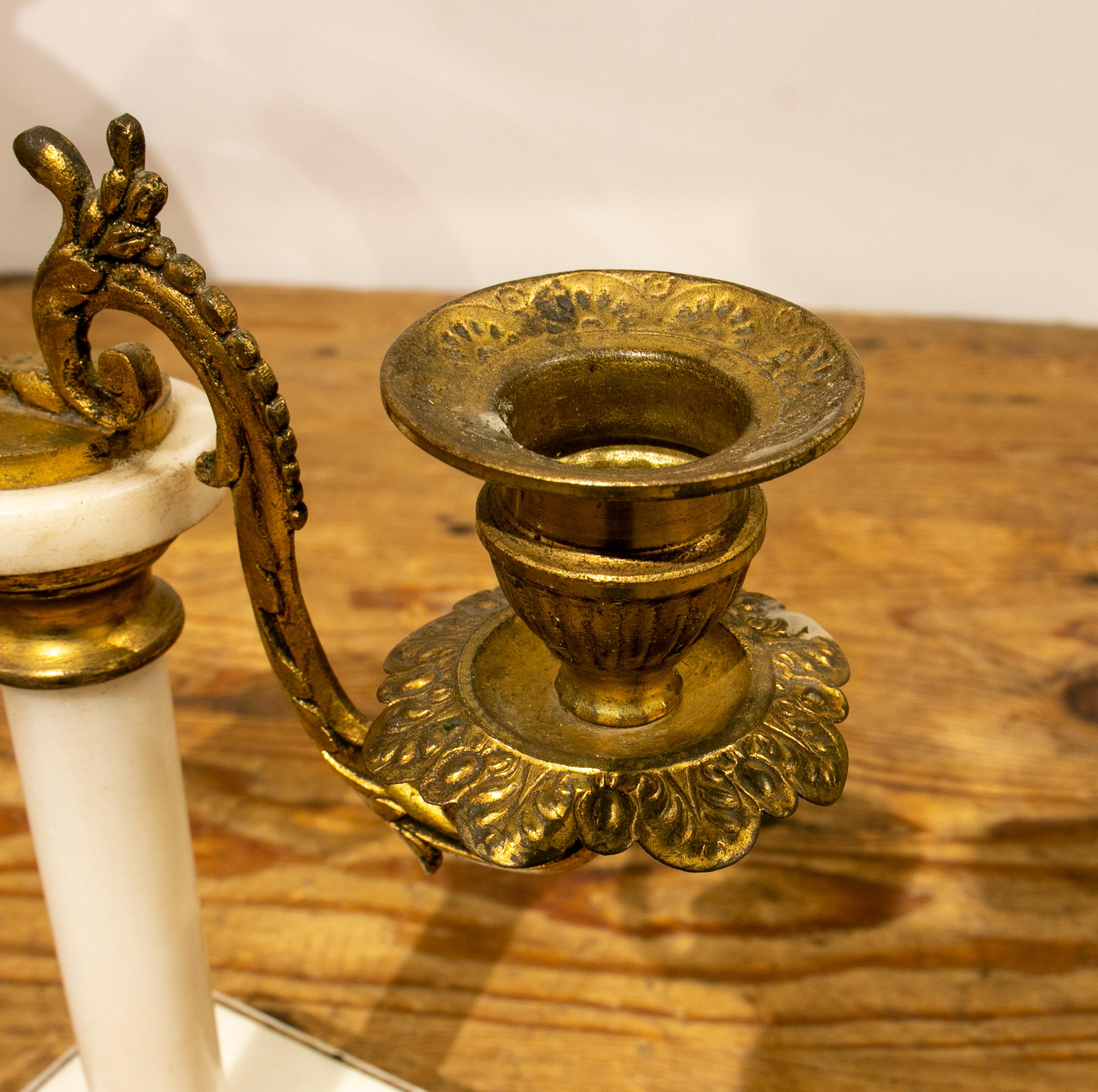 19th Century French Pair of White Marble and Gilded Bronze Candlesticks For Sale 6