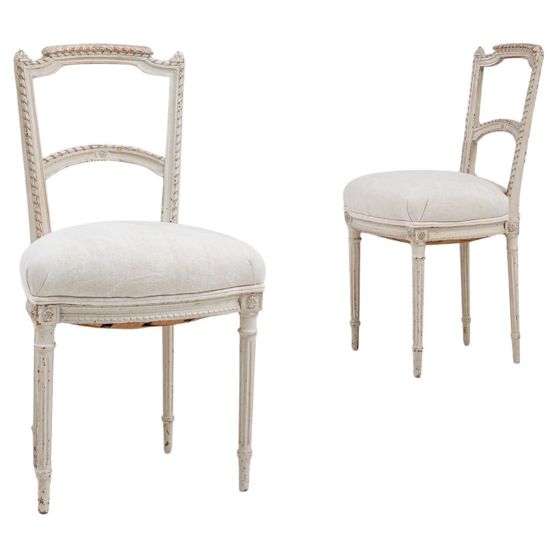 19th Century French Pair Of Wood White Patinated Chairs With Upholstered Seats