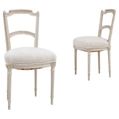 Antique 19th Century French Pair Of Wood White Patinated Chairs With Upholstered Seats