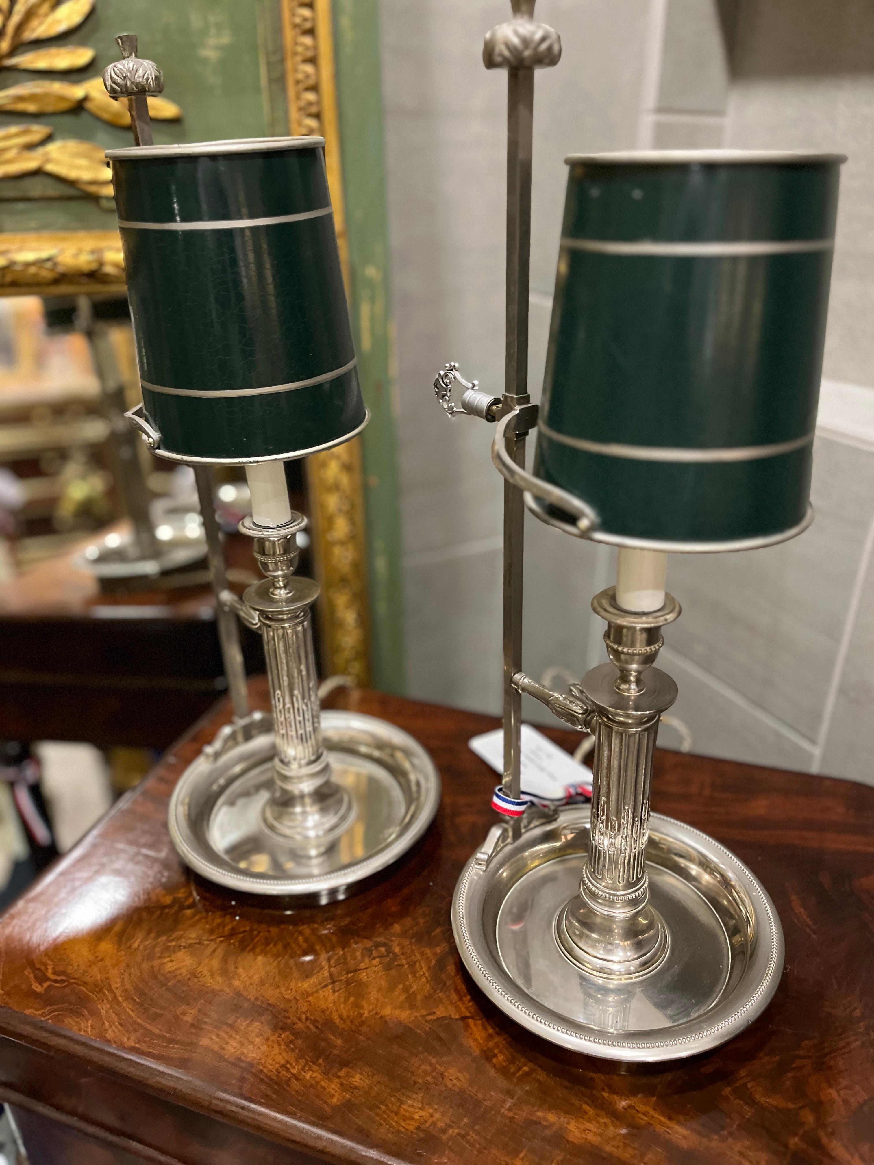 Paar französische Bouillotte-Lampen aus Silberblech des 19. Jahrhunderts
