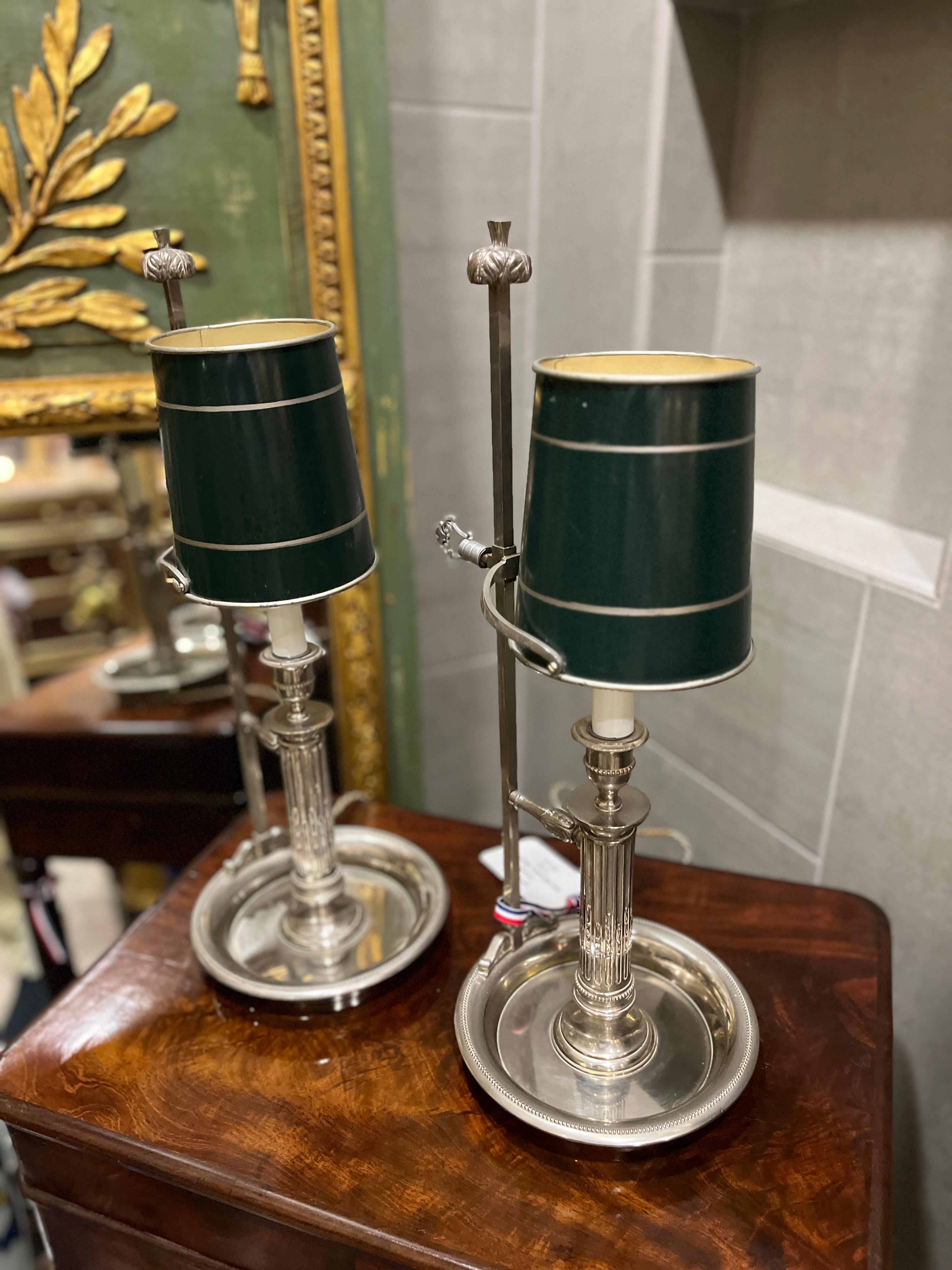 French Provincial 19th Century French Pair Silverplate Bouillotte Lamps For Sale
