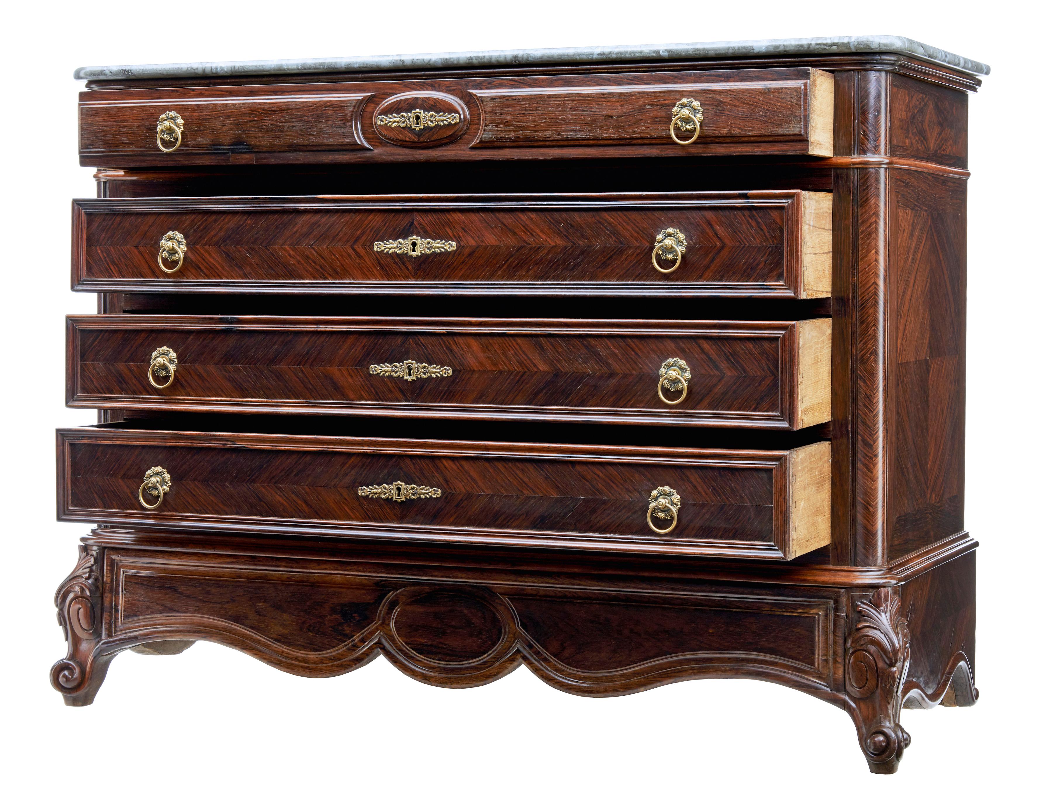 Victorian 19th century French palisander chest of drawers with faux marble top For Sale