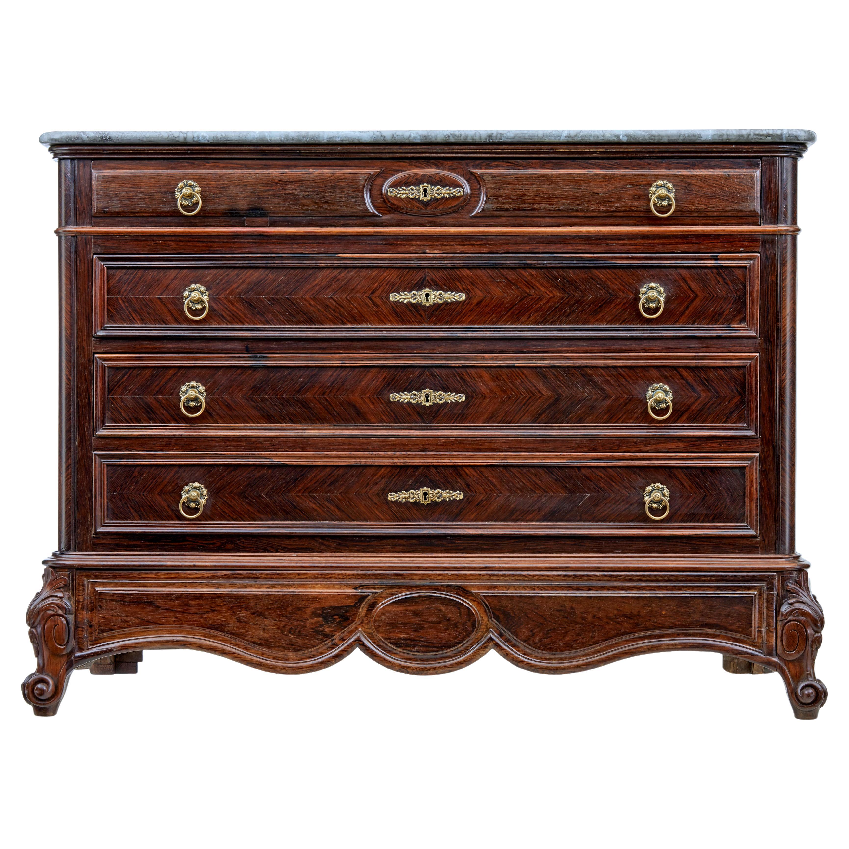 19th century French palisander chest of drawers with faux marble top For Sale