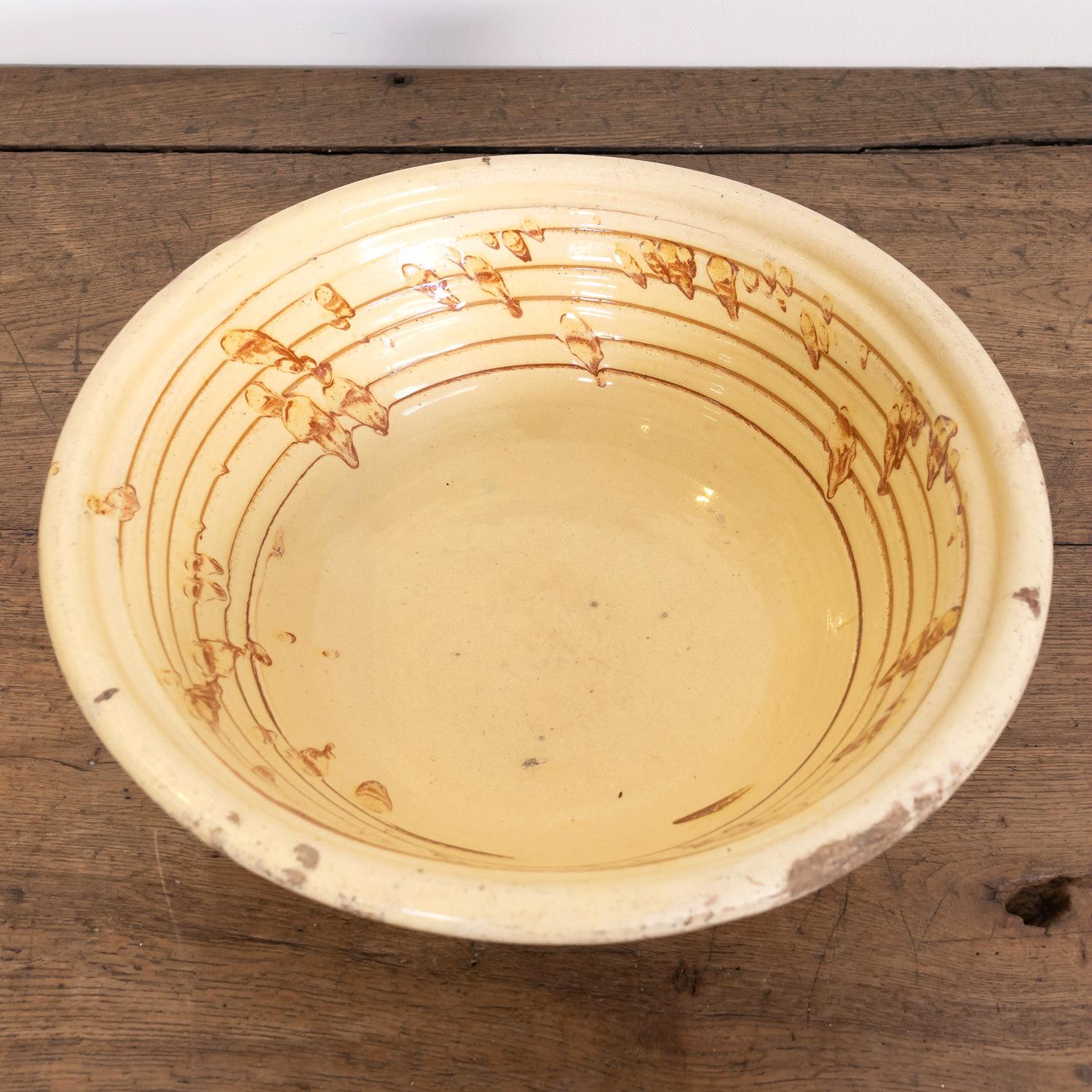 Glazed 19th Century French Pancheon or Dough Bowl with Honey Yellow Glaze