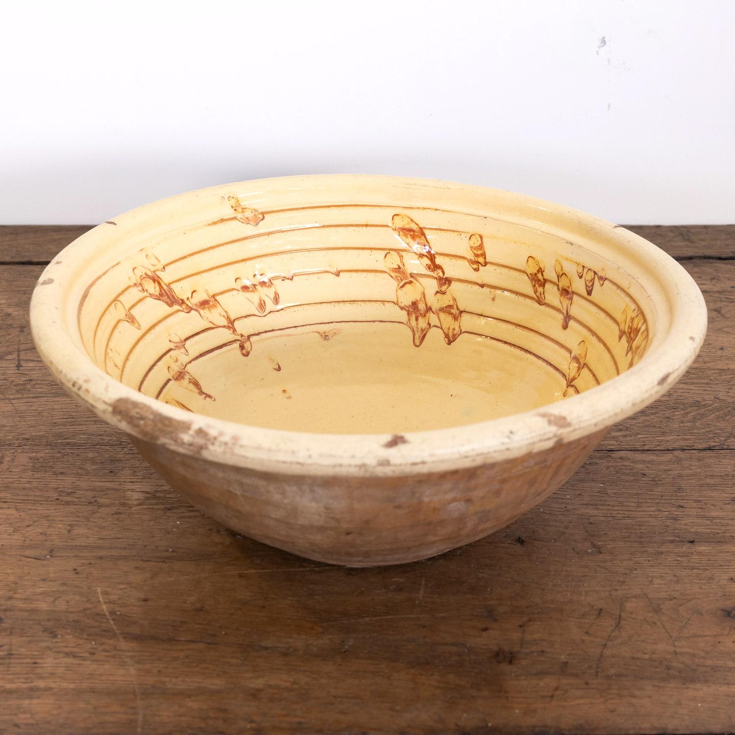 Terracotta 19th Century French Pancheon or Dough Bowl with Honey Yellow Glaze For Sale