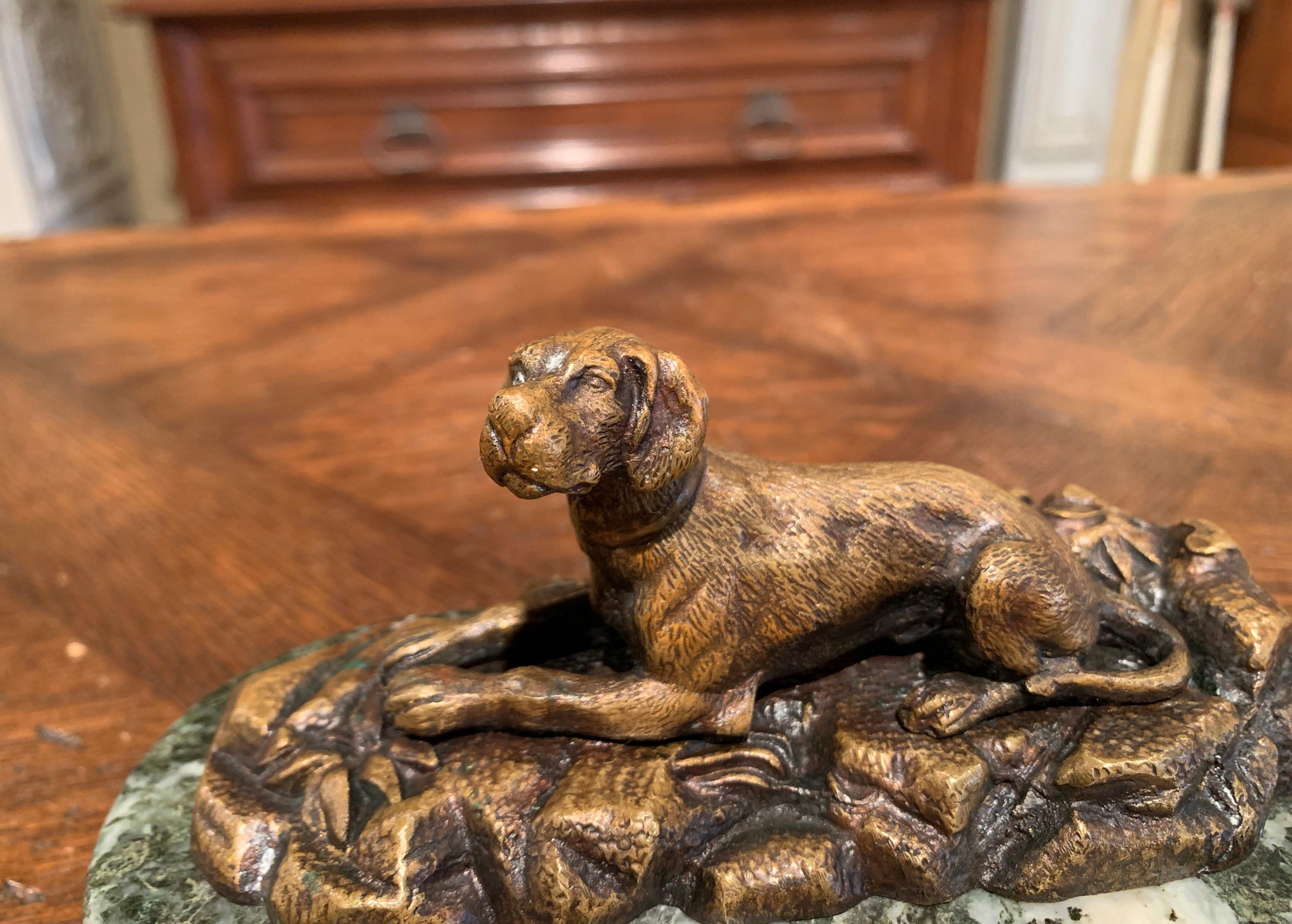 Hand-Carved 19th Century French Paperweight Bronze Dog Sculpture on Grey Marble Stand For Sale