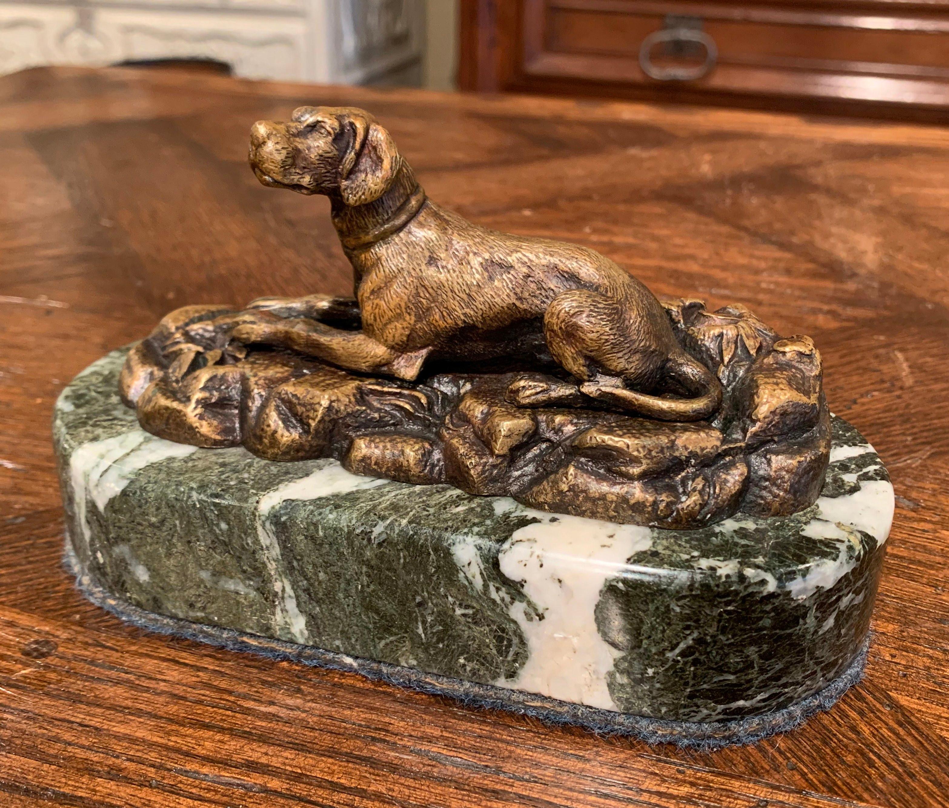 19th Century French Paperweight Bronze Dog Sculpture on Grey Marble Stand For Sale 1