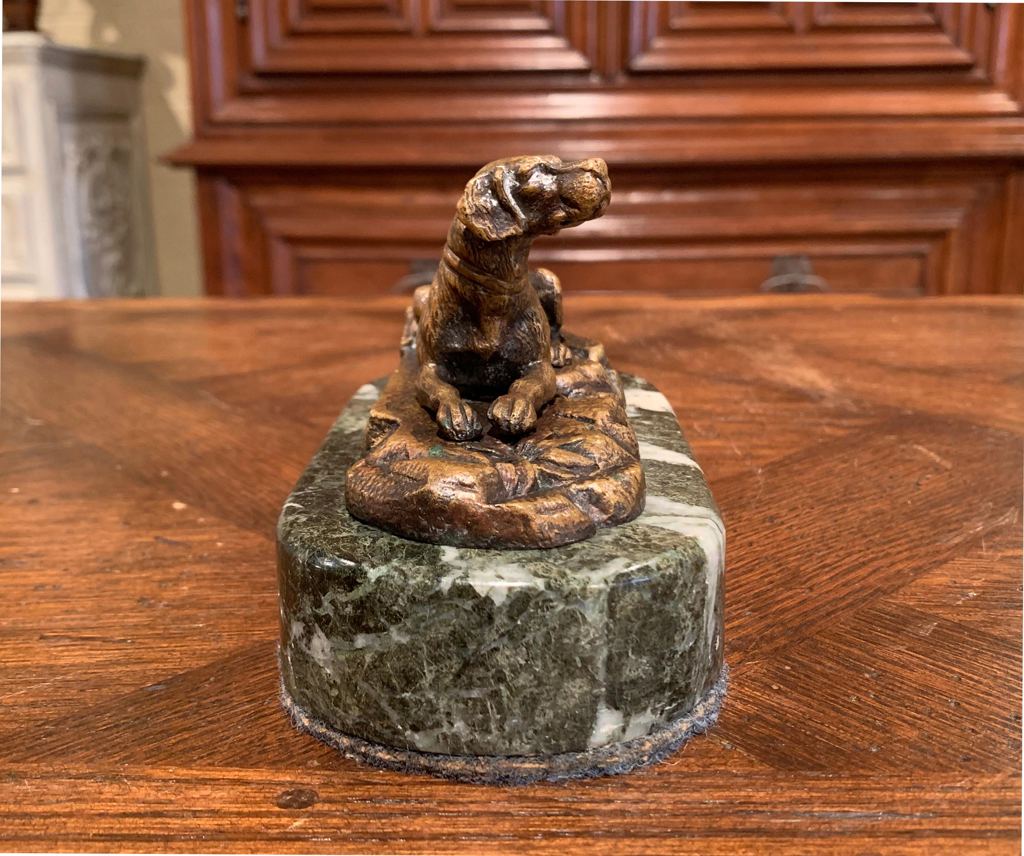 19th Century French Paperweight Bronze Dog Sculpture on Grey Marble Stand For Sale 2