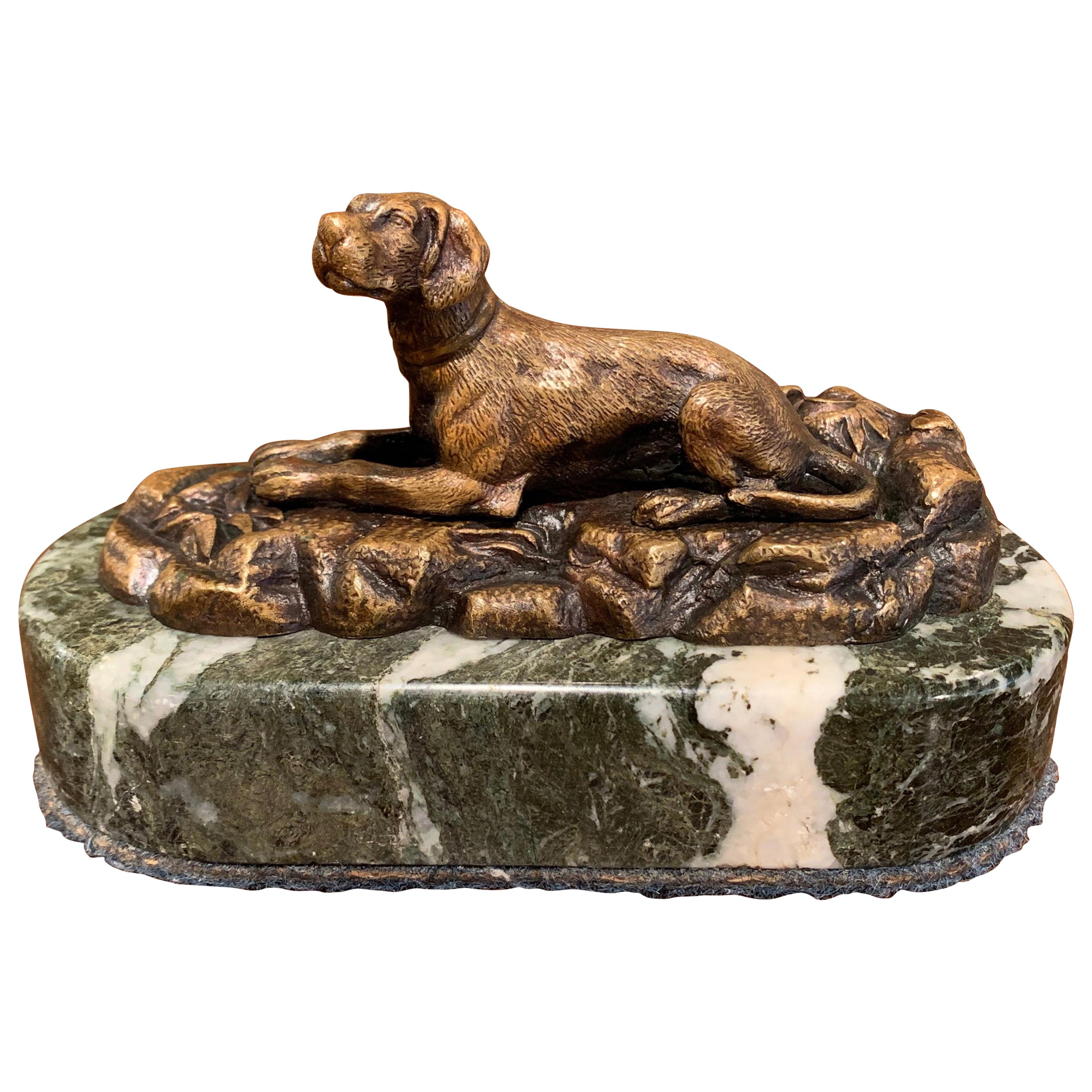 19th Century French Paperweight Bronze Dog Sculpture on Grey Marble Stand For Sale