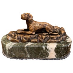 Antique 19th Century French Paperweight Bronze Dog Sculpture on Grey Marble Stand