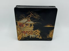 19th Century French Papier Mache Black, Red, and Gold Chinoiserie Box