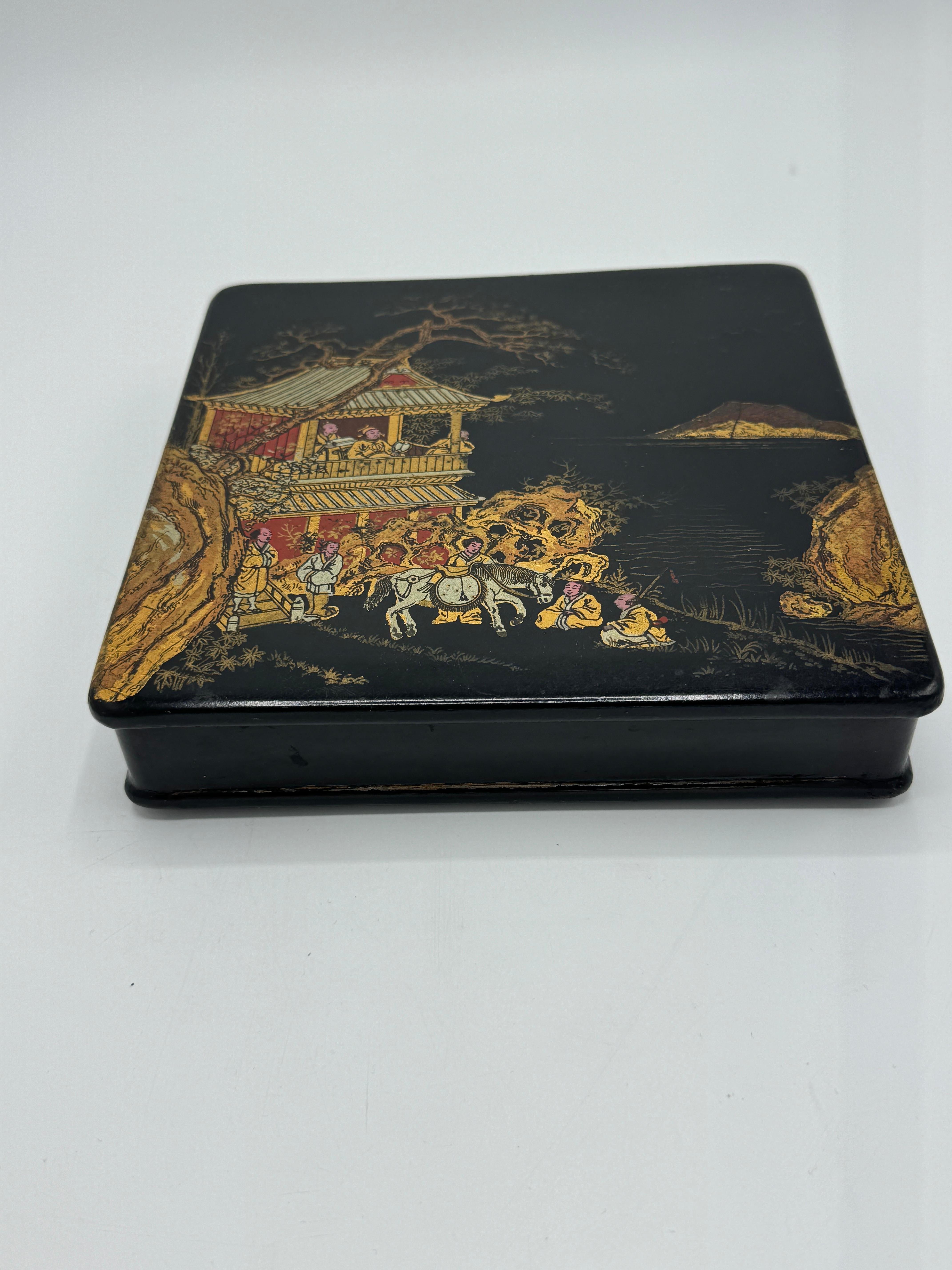 Hand-Crafted 19th Century French Papier Mache Black, Red, and Gold Chinoiserie Box For Sale