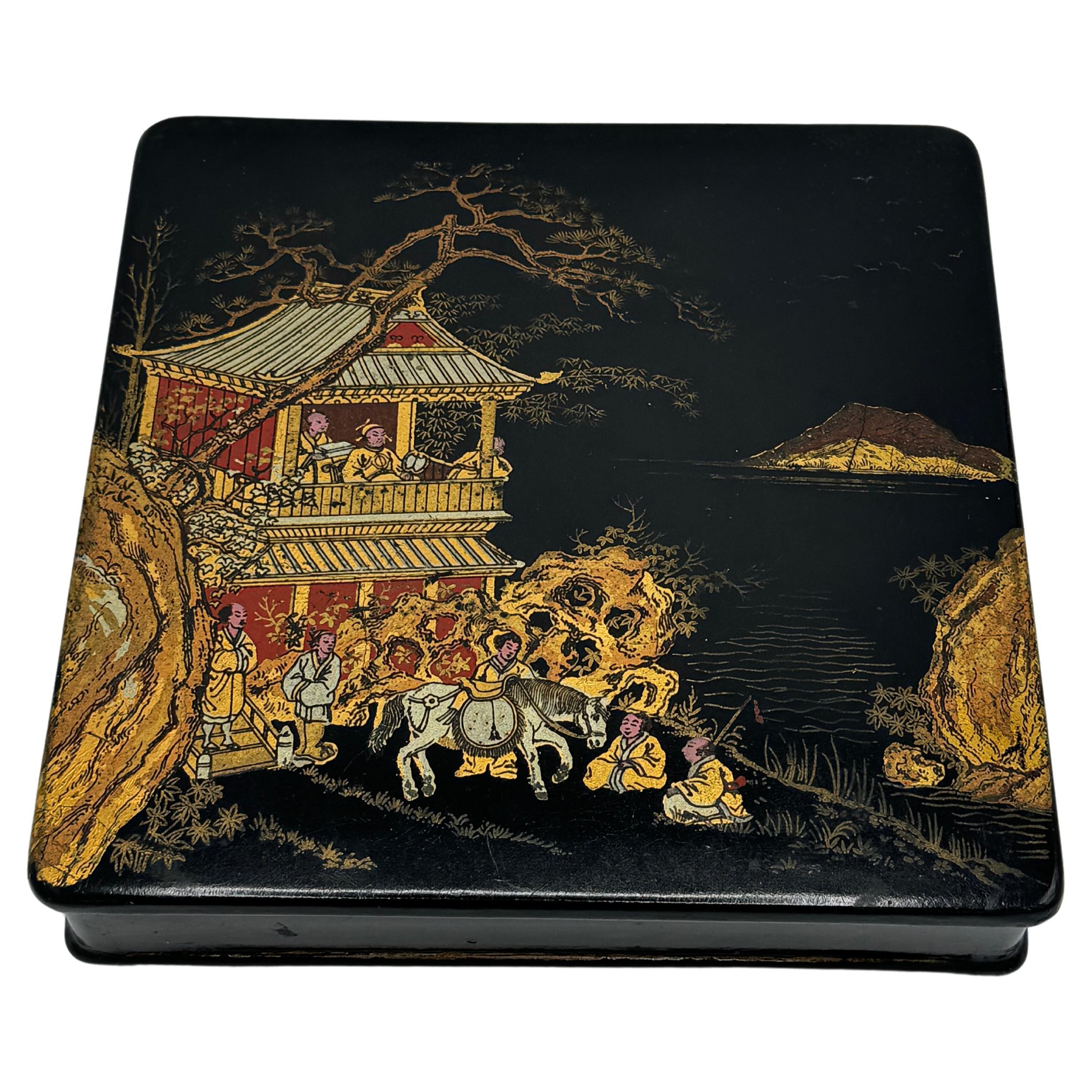 19th Century French Papier Mache Black, Red, and Gold Chinoiserie Box For Sale