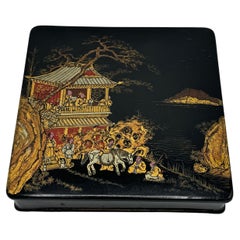 19th Century French Papier Mache Black, Red, and Gold Chinoiserie Box