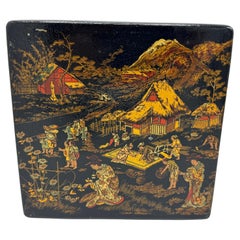 19th Century French Papier Mache Black, Red, and Gold Chinoiserie Box