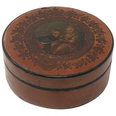 Boîte à bijoux ronde en papier mâché peinte à la main du 19ème siècle