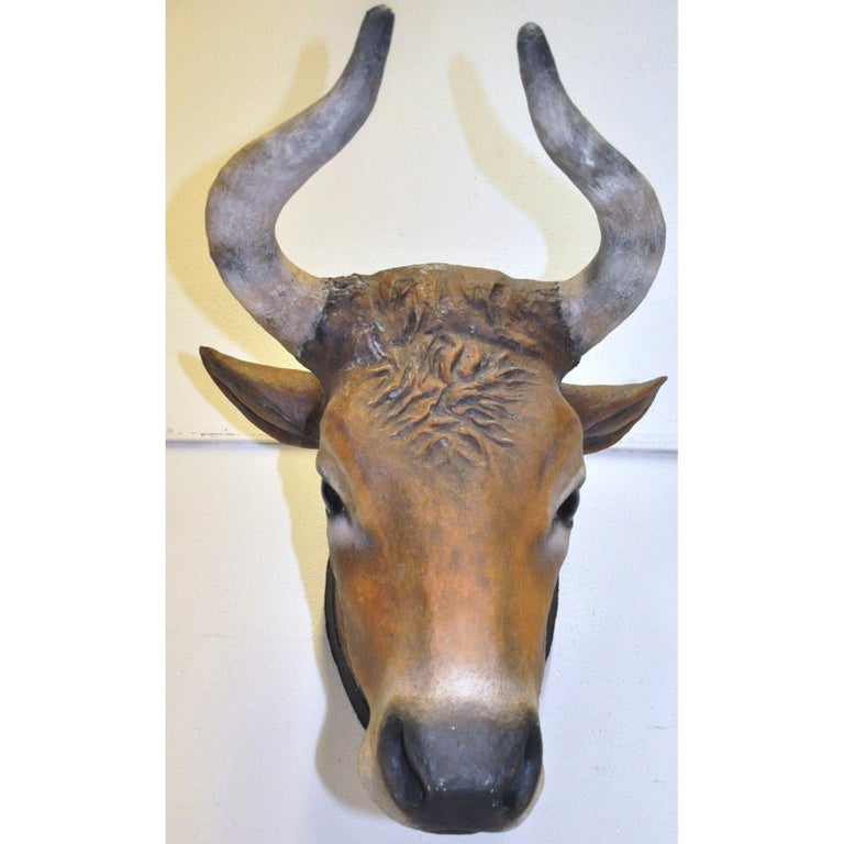 19th Century French Painted Papier Mâché Wall Cow Head Sculpture from